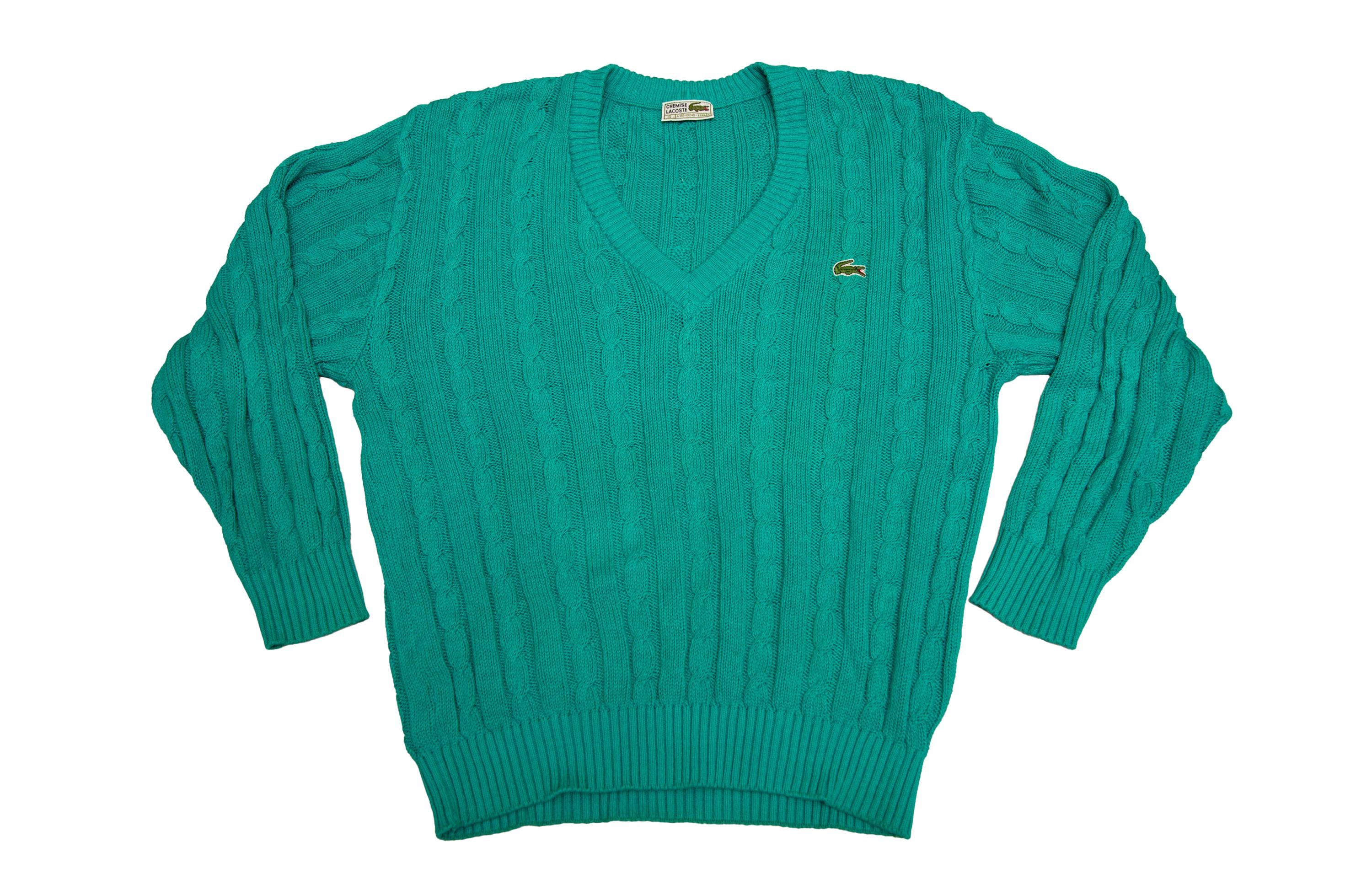 Vtg Chemise LACOSTE Greenish-blue 80's Cable-knit V-neck Sweater