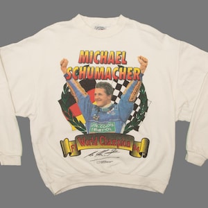 Vtg & rare Michael Schumacher F1 World Champion 1994 team Benetton white pullover sweatshirt by Dispo, sz men&#39;s X-Large/Large