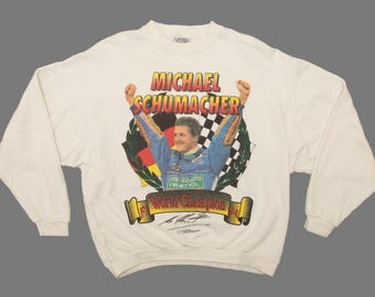Vtg & rare Michael Schumacher F1 World Champion 1994 team Benetton white pullover sweatshirt by Dispo, sz men's X-Large/Large