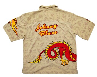 Vtg JOHNNY BLAZE Dragon Graphics Hawaiian Style Beige Button Shirt