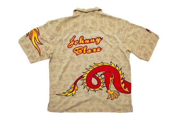 Vtg JOHNNY BLAZE Dragon Graphics Hawaiian Style Beige Button Shirt