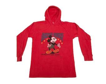 Vtg MICKEY MOUSE red thin Walt Disney hoodie sweatshirt by EUREKA "Mickey is a super actor" sz men's S or wmns M