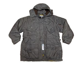 Vtg & very rare MINISTRY Of SOUND Clothing grey long bomber style fleece insulated jacket, Sound Protective Insulation, sz men's Large