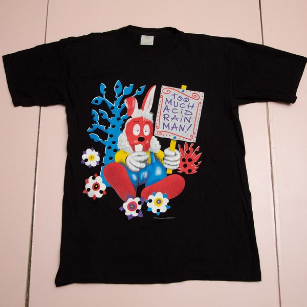 Vtg & rare The MAGIC ROUNDABOUT Too Much Acid Rain cheeky rabbit Danot 1991 black t-shirt licensed by BBC Enterprises Ltd, sz men's Medium