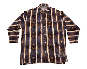 Vtg 90's ADIDAS X-LARGE TRIBE multicolor striped flannel oversized snap button light jacket overcoat, sz men's Medium