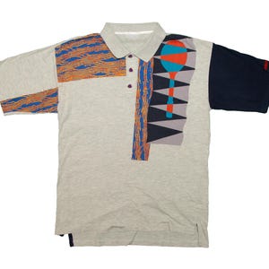 Vtg & very rare ADIDAS 90's tennisthema graphics grijs-veelkleurig poloshirt, maat heren medium