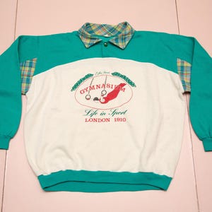 Vtg GYMNASIUM London 1910 Life In Sport gymnastics still rings white-green sweatshirt by Effeci, made in Italy, sz fit women&#39;s Medium/Small