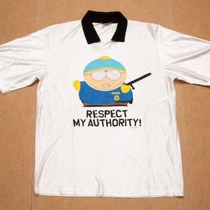 Vtg The South Park CARTMAN &quot;Respect My Authority&quot; Stanley Desantis 1998 Comedy Central white jersey, made in USA, sz men&#39;s X-Large