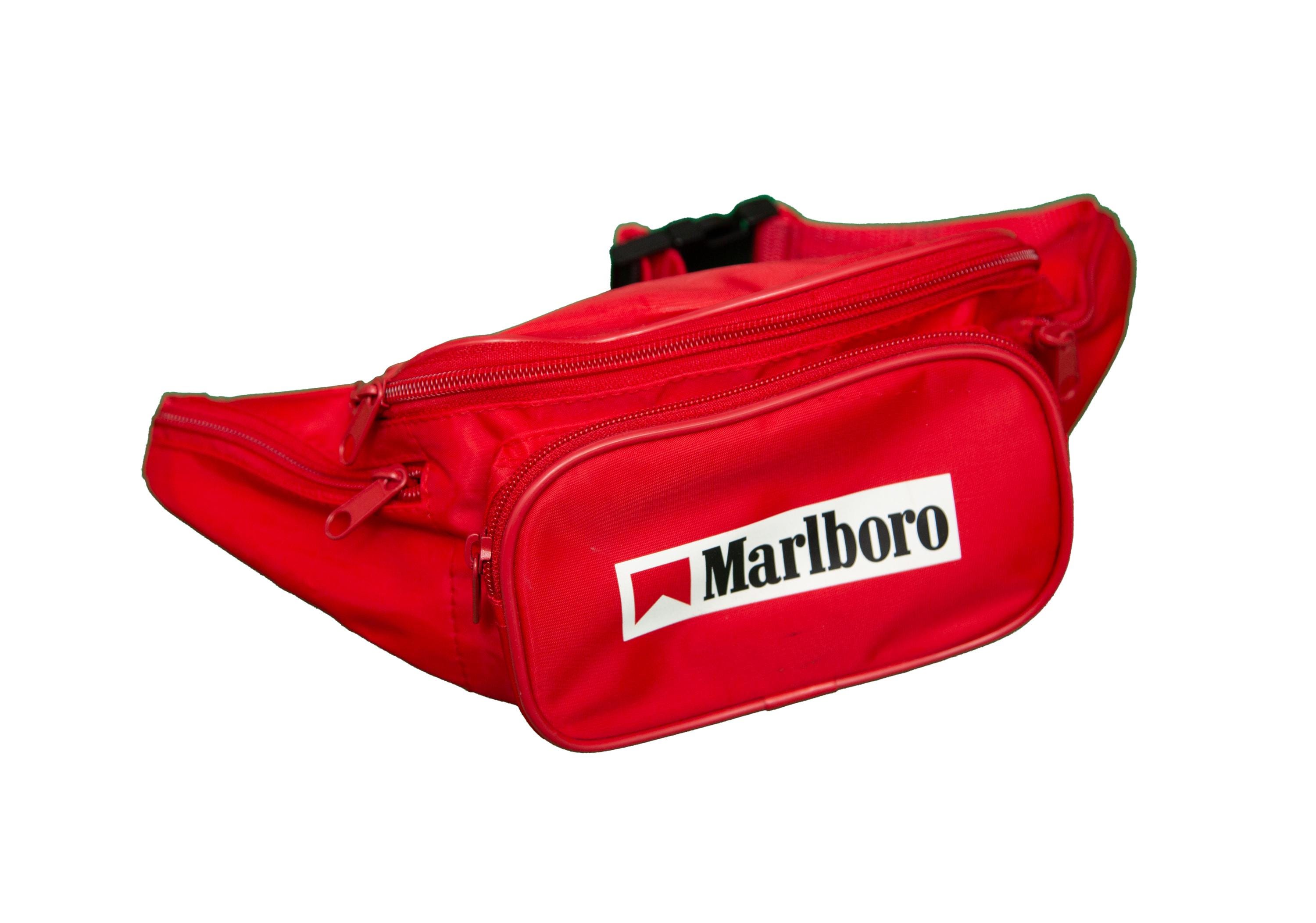Vtg MARLBORO cigarettes tobacco brand 90's red fanny pack, waist bag, belt bag, moon bag, belly bag, bumbag, zipper closures and 5 sections