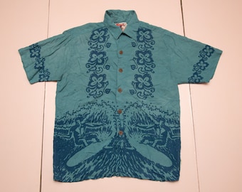 Vtg MAMBO Loud Shirts hawaiian surf theme rayon blue button shirt, Michael Peterson MP cutback, made in Indonesia, sz men's Small