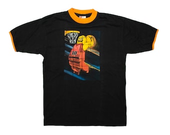 Vtg & very rare LEGO Sports official basketball dunk man theme Y2K ringer black t-shirt, toy brand tee, around year 2000, sz men's Medium