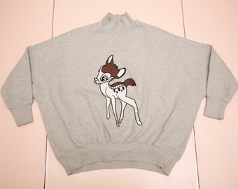 Vtg & rare 90's Walt Disney BAMBI embroidered grey mockneck pullover sweatshirt, sz fit woman's Medium