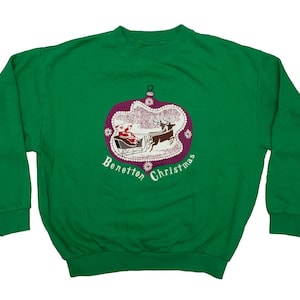 Vtg United Colors of Benetton Christmas theme UCOB green pullover sweatshirt, made in Italy, sz men&#39;s Medium