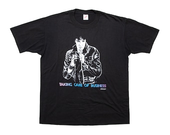 Vtg ELVIS Presley "Taking Care Of Business" 1989 single stitch sleeves black t-shirt, made in USA, shirt Jerzees 50/50, sz men's X-Large