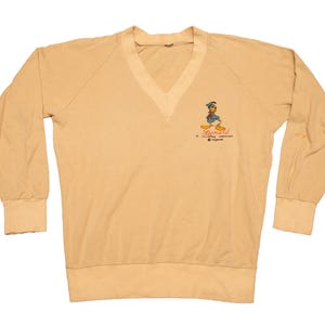Vtg & very rare DONALD Walt Disney Productions by Trigerna v-neck light brown sweatshirt, sz fit women's Small