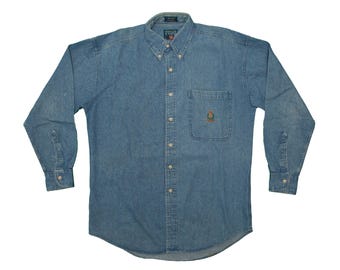 Vtg CHAPS Ralph Lauren blue denim jeans long sleeves button down shirt, sz men's Medium