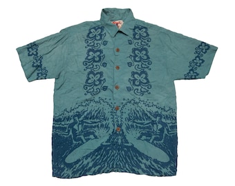 Vtg MAMBO Loud Shirts hawaiian surf theme rayon blue button shirt, Michael Peterson MP cutback, made in Indonesia, sz men's Small