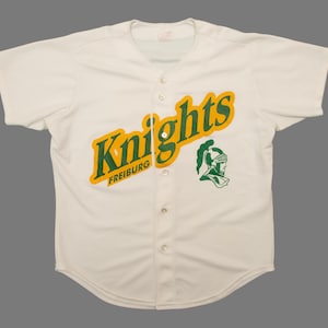 Vtg & rare FREIBURG Knights German baseball team #12 white jersey by Rawlings, made in USA, sz X-Large/Large