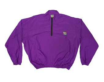 Suéter cortavientos morado estilo surf vintage para playa, fabricado en EE. UU., talla extra grande para hombre