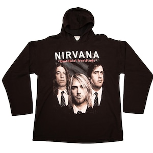 Vtg NIRVANA Buddhist Beatidude double sided design hooded black pullover sweatshirt, Kurt Cobain letter, New Line 2000, sz men's Large