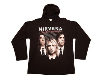 Vtg NIRVANA Buddhist Beatidude double sided design hooded black pullover sweatshirt, Kurt Cobain letter, New Line 2000, sz men's Large