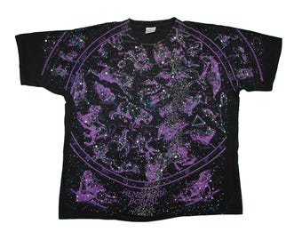 Vtg LIQUID BLUE aop Constellations Zodiac Galaxy Space Stars black-purple t-shirt, art by Rich Normandin & Greg Genrich, sz men's XX-Large