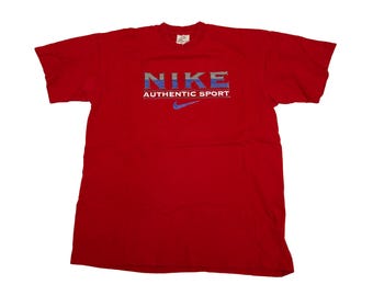 Vtg 90s NIKE Authentic Sport single stitch red t-shirt, white Nike tag, made in Ireland, sz men's Medium