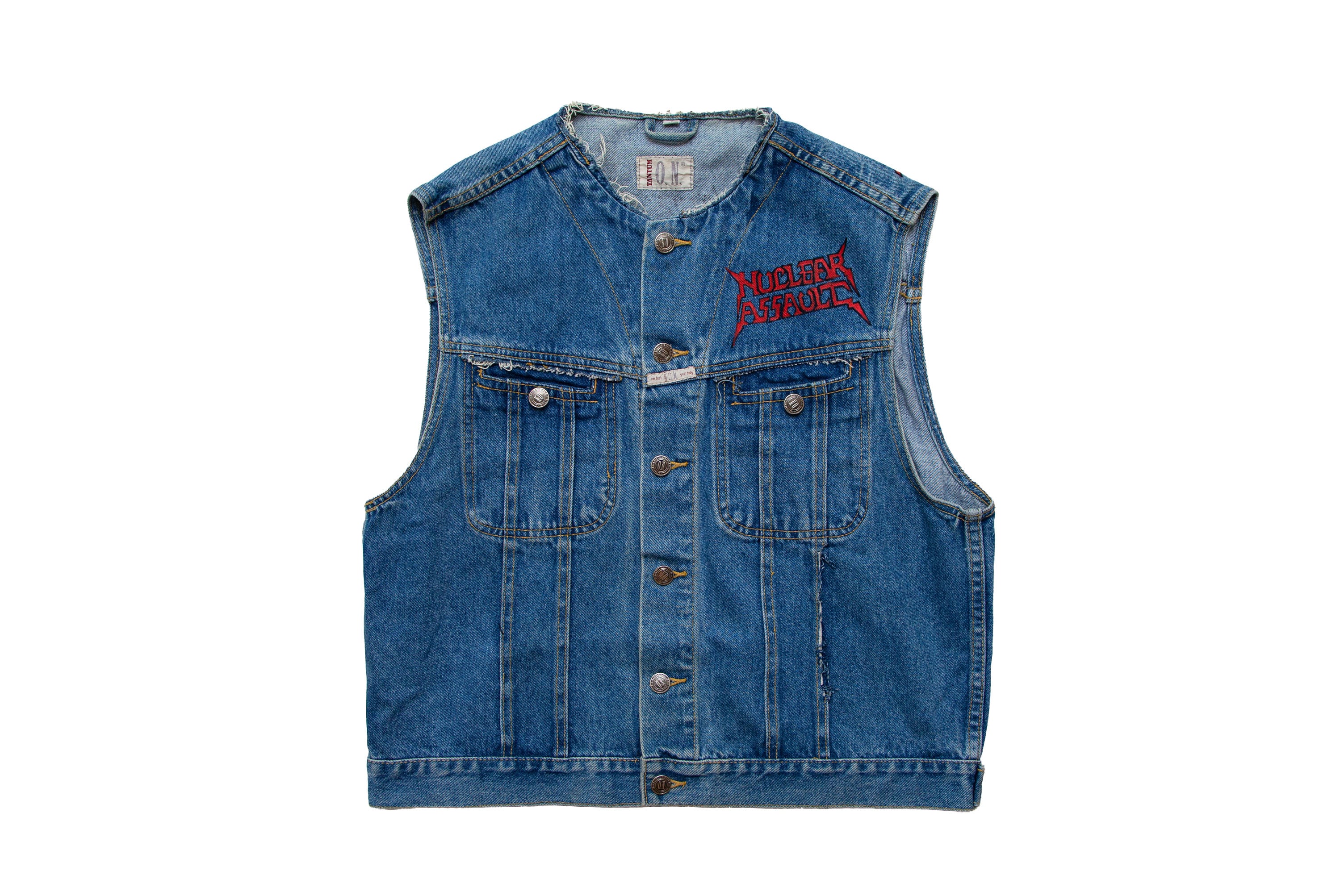 Vtg 80/90's Rare Trash Metal Music Denim Vest With Hand Vtg 80/90's Rare Trash Metal Music Denim Vest With Hand