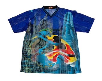 Vtg & very rare 90s SWORD multicolor all-over-print rap hip hop Japanese anime style mesh shirt jersey, best fit is men's sz Medium