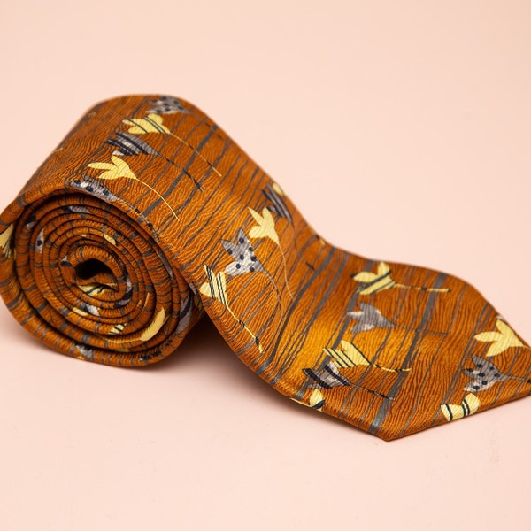 Vtg CERRUTI 1881 golden abstract flowers necktie tie, 100% silk, made in France, length 150 cm / 59.06" inches