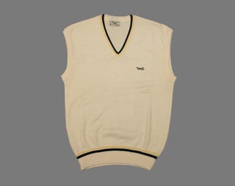 Gilet vintage senza maniche in lana e acrilico stile preppy crunch color crema-bianco di JC Penney The Fox Sportswear, taglia L/M da uomo.