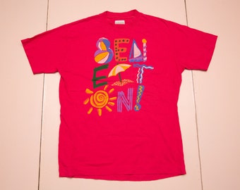 Vtg United Colors Of BENETTON camiseta rosa roja de una sola puntada, hecha en Italia, sz Men's Medium