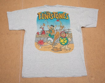 Vtg & very rare The FLINTSTONES cartoon 90&#39;s grey t-shirt, double sided graphics with large baseball theme on back, men&#39;s size XL or L