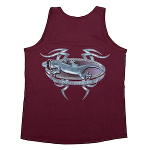 Vtg & rare GECKO HAWAII surfer 1998 metallic chrome gecko on purple tank top shirt, made in USA, sz fit men&#39;s Large/Medium