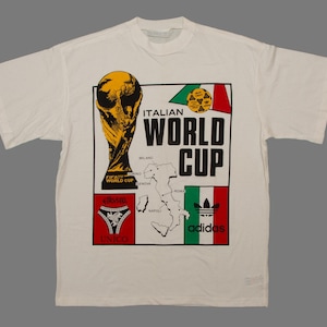 Vtg ITALIA 90 World Cup ADIDAS Etrusco Unico official ball soccer/football single stitch white t-shirt, sz fit men&#39;s Large/Medium
