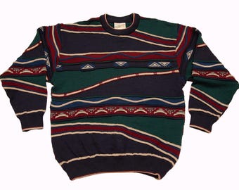 VTG TOORALLIE fabriqué en Australie 3D rap hip hop style Biggie Pull-over en pure laine mérinos principalement verte, sz pour homme