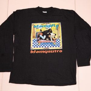 Vtg 90's punk band KLAMYDIA album Klamysutra long sleeves black tee with front side graphics, Screen Stars tag Made in Ireland, sz men's L