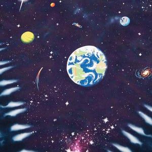 May include: A vibrant, tie-dye style illustration of outer space. The image features planets, stars, galaxies, and a comet against a dark blue and purple background. The Earth is depicted with blue oceans and green continents.