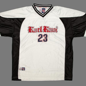 Vtg KARL KANI Sport #23 American football style hip hop rap clothing white jersey, sz fit men&#39;s Large
