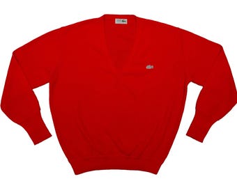 Vtg Chemise LACOSTE v-neck 80's red pullover sweater, made in Spain, sz fit men's X-Large/Large