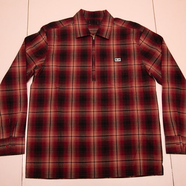 Vtg & rare OBEY Clothing company checkered pullover quarter zipper long sleeves shirt, sz fit men's Medium