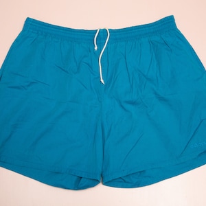 Vtg & rare 80s ADIDAS light blue shorts, embroidered Trefoil and word logo, made in Yugoslavia, sz men&#39;s Large