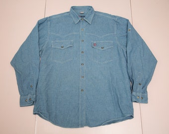 Vtg FJÄLLRÄVEN denim blu maniche lunghe abbottonano camicia, taglia uomo Grande