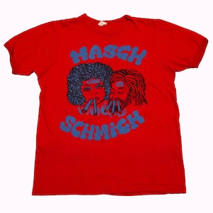 Vtg & très rare t-shirt stoner 70's HASCH SCHMICH Love - T-shirt hippie rouge No War, look Freizeit, sz petit pour homme ou moyen pour femme