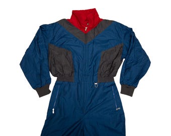 Macacão de esqui vintage BOGNER azul dos anos 80, fabricado na Alemanha Ocidental, tamanho M feminino.