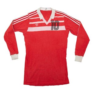 Vtg & rare ADIDAS 80&#39;s TSV Rudow 1888 #10 Berlin Germany football/soccer club red kit/jersey, made in Western Germany, sz fit men&#39;s Large