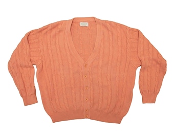 Vtg UCOB United Colors Of Benetton peach orange knit cardigan sweater, made in Italy, sz men's X-Large