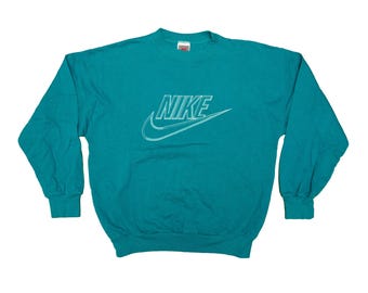 Vtg NIKE 80's turquoise blue  big Swoosh print pullover sweatshirt, made in Portugal, sz fit men's Large/Medium