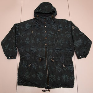 Vtg and rare 90s BOGNER pattern dark hooded parka jacket, size fit women&#39;s Large