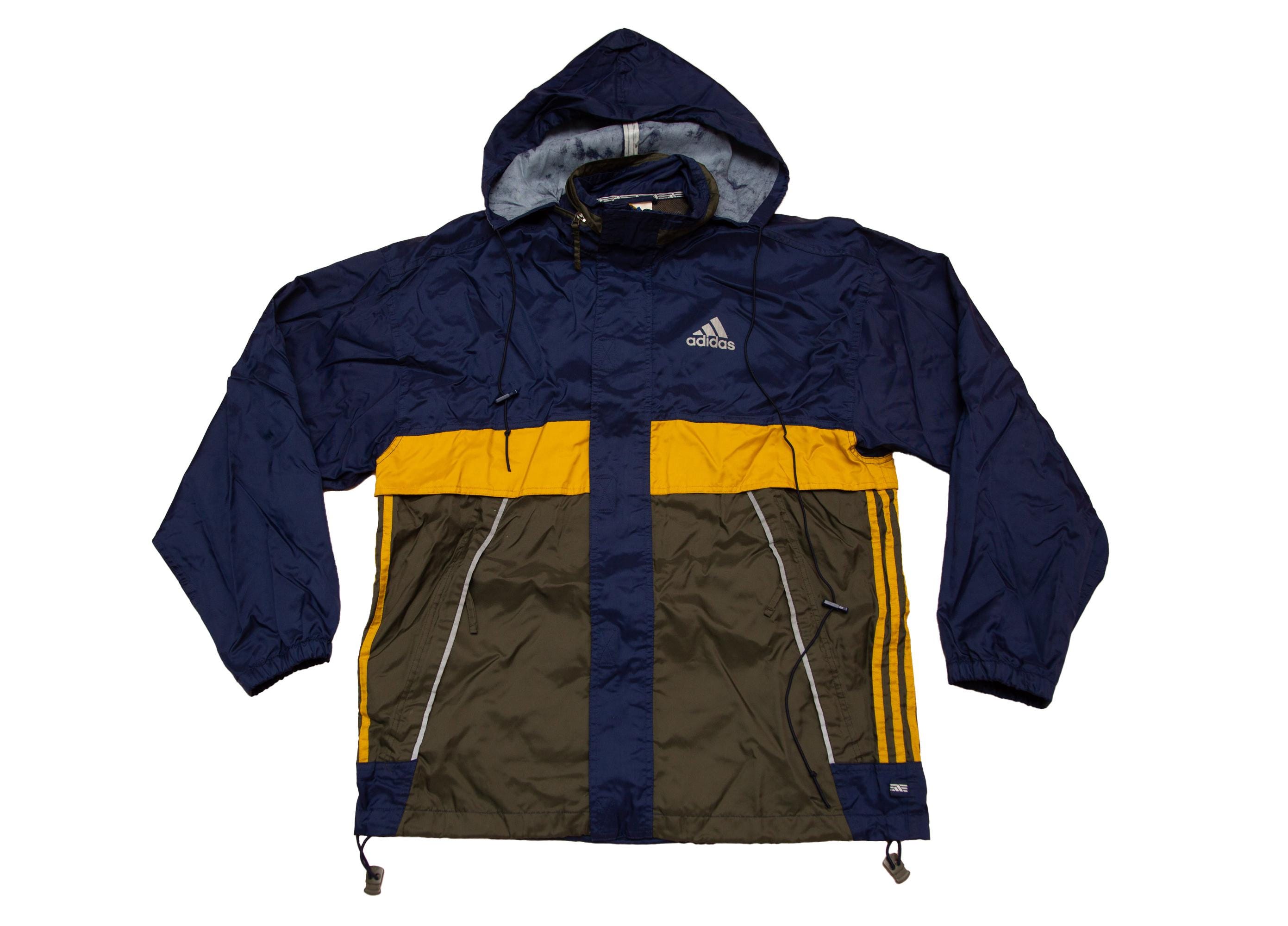 Vtg ADIDAS 1999 Hooded Blue-yellow-green Windbreaker Jacket, Sz 